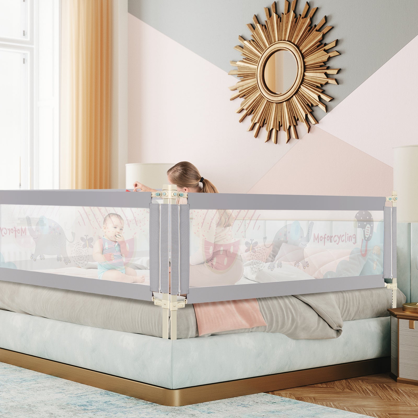 Costway 195 cm Mesh Bed Rail with Double Safety Locks & Height Adjustable for Toddlers-Grey