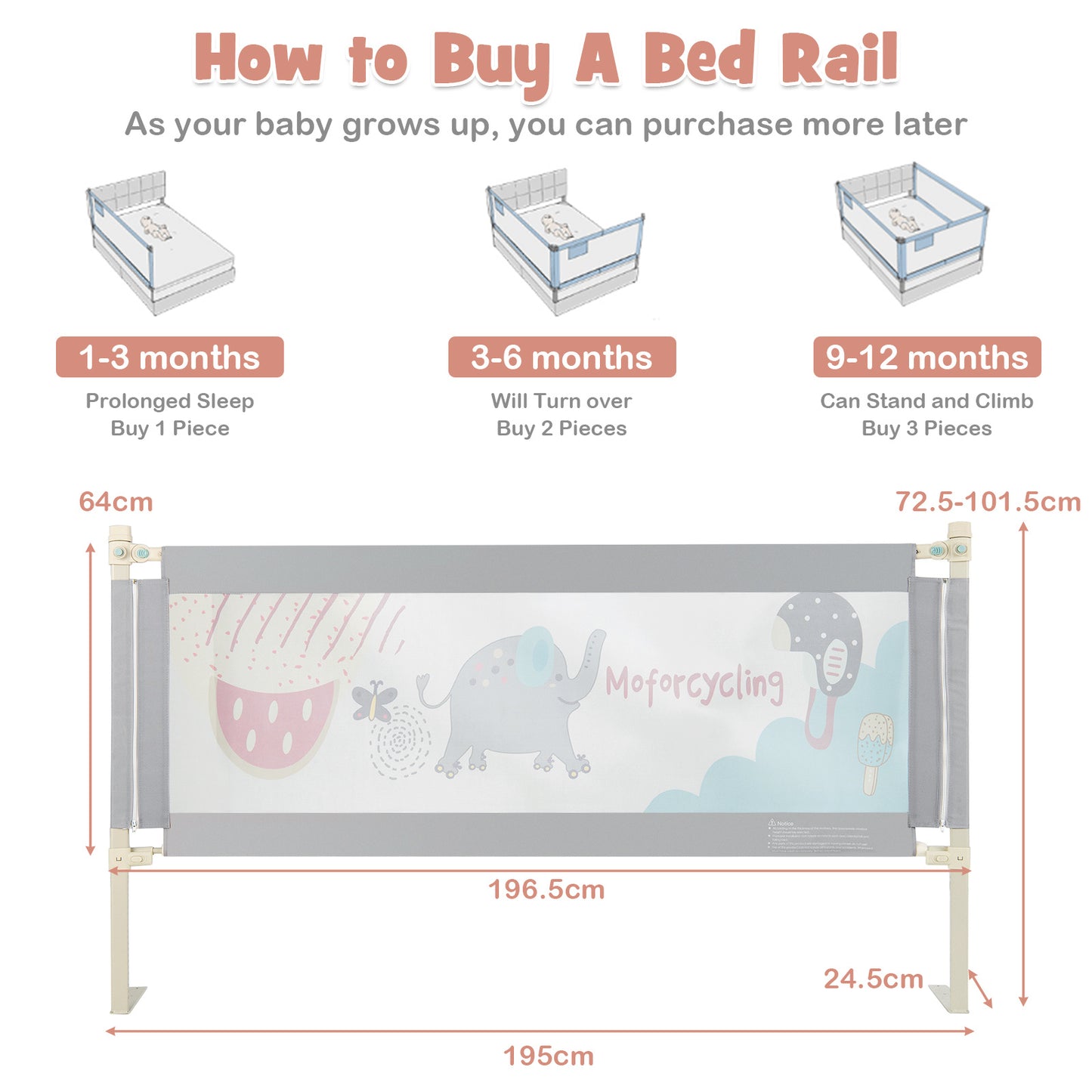 195cm Grey Mesh Bed Rail | Height Adjustable Double Lock Toddler