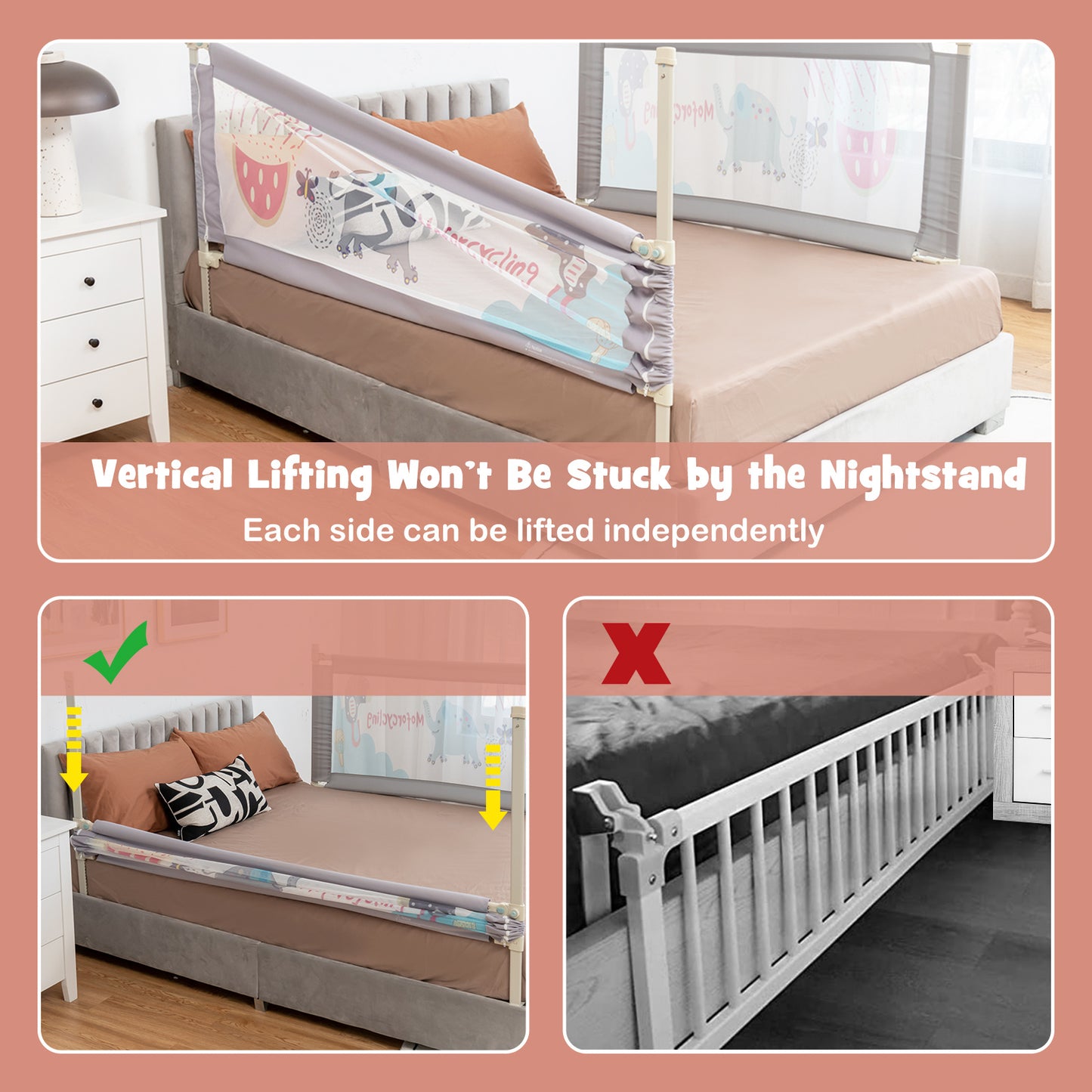 195cm Grey Mesh Bed Rail | Height Adjustable Double Lock Toddler