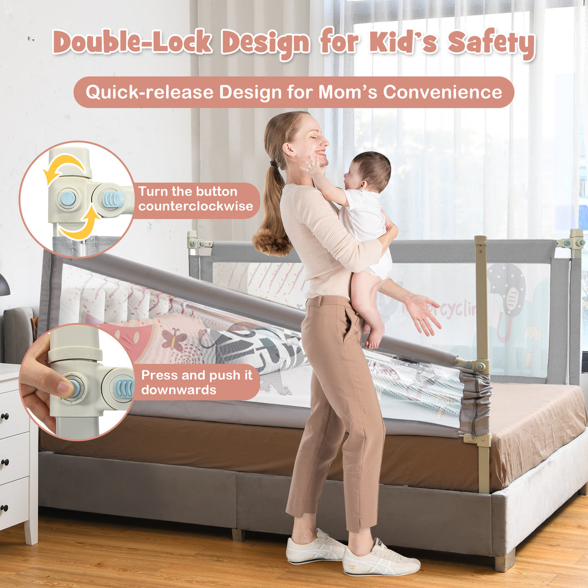 195cm Grey Mesh Bed Rail | Height Adjustable Double Lock Toddler