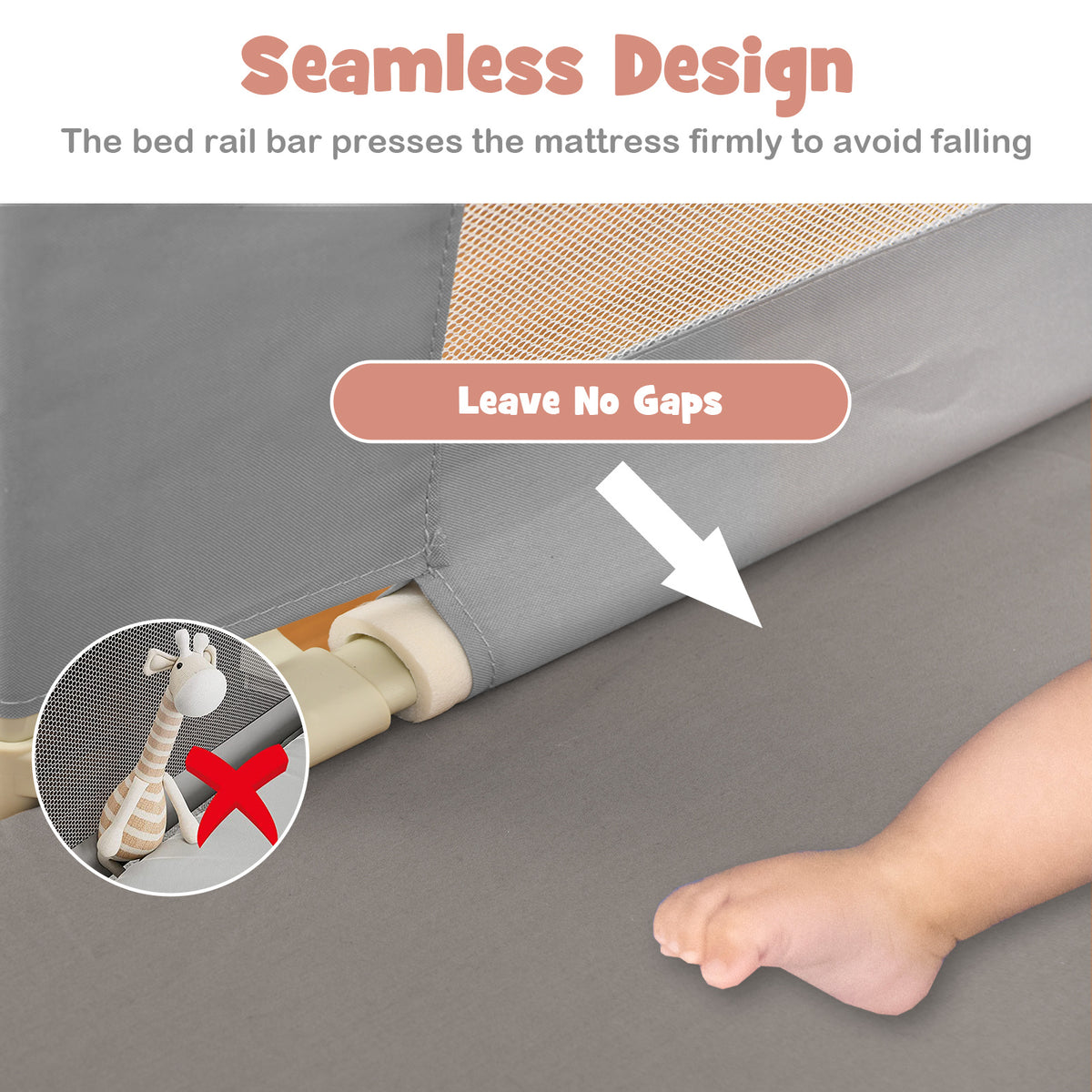 195cm Grey Mesh Bed Rail | Height Adjustable Double Lock Toddler