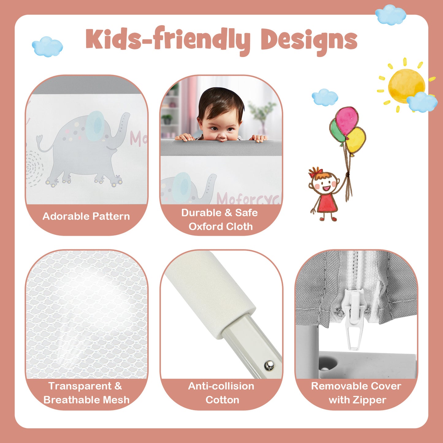 195cm Grey Mesh Bed Rail | Height Adjustable Double Lock Toddler