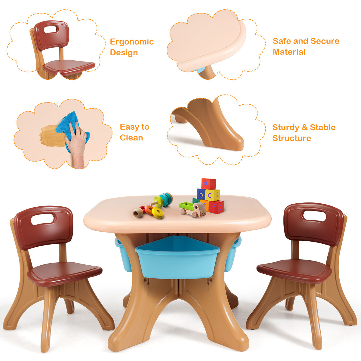 Kids Table and Chair Set with Storage Boxes in Durable PE Material for Home Fun