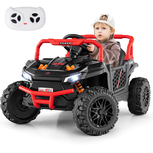 Black 12V ride-on UTV with remote control offers three speeds for kids outdoor adventures and off-road fun.