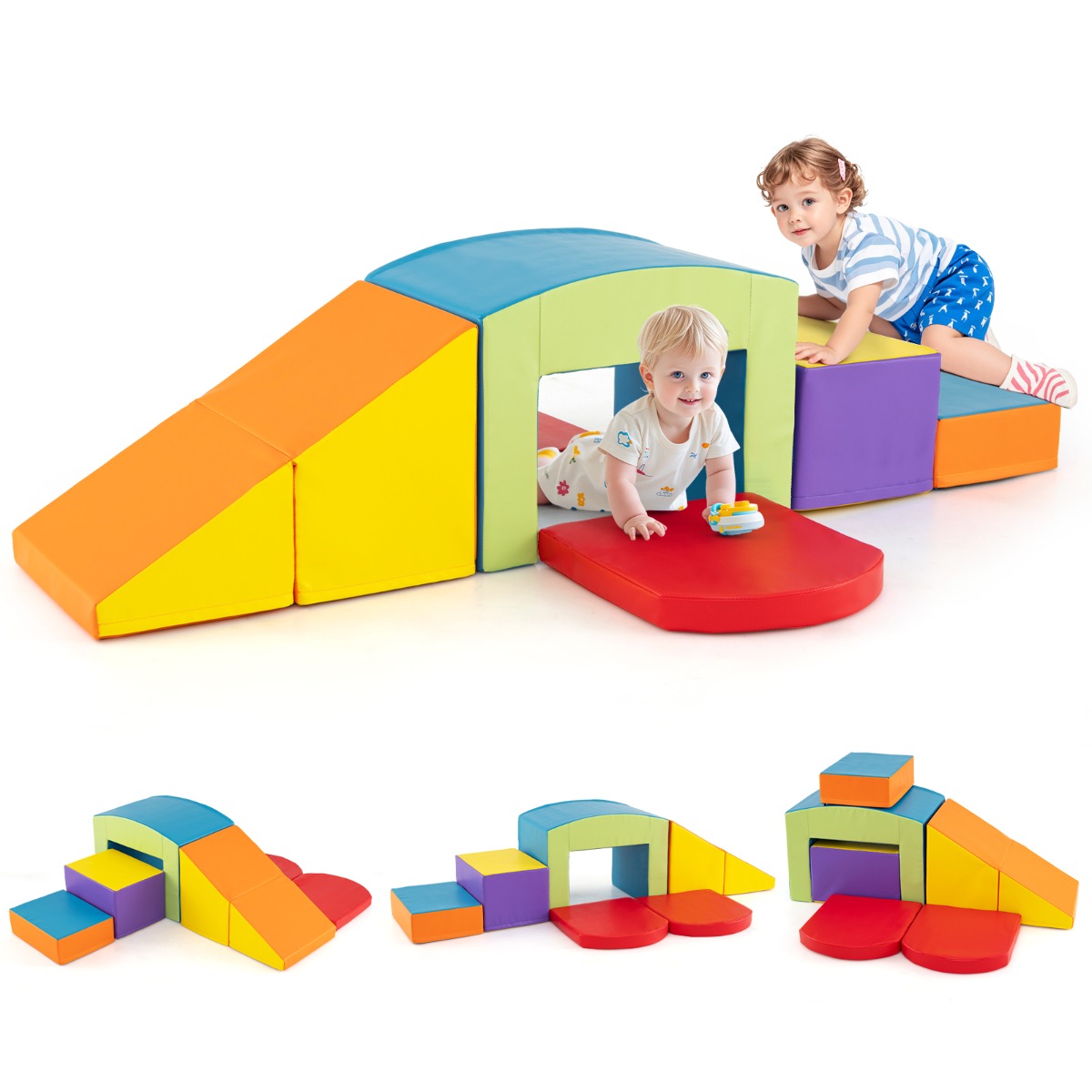 Costway 6 PCS Foam Climbing Blocks with Tunnel Stairs and Ramp for 12 Months+-Colourful