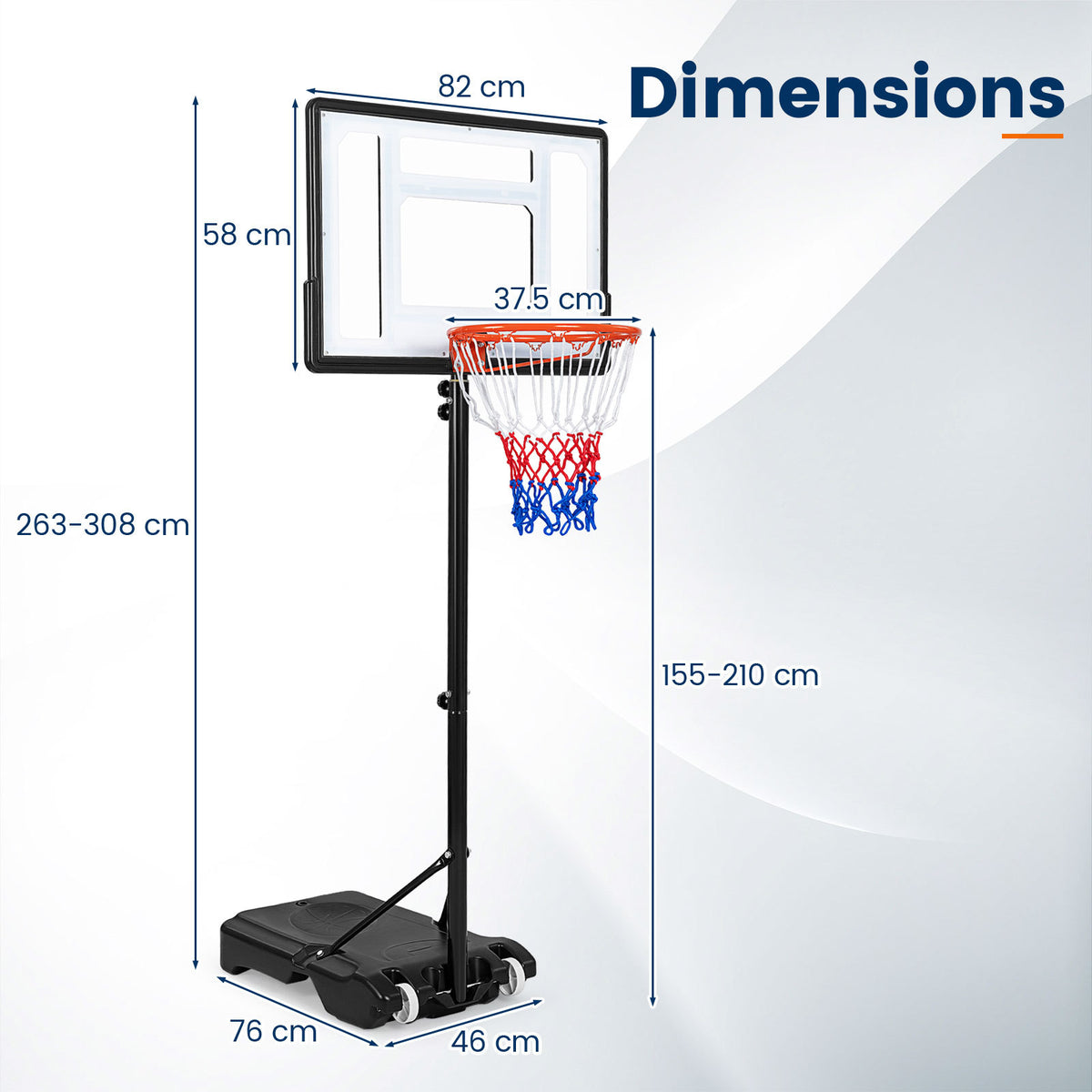 Black Height Adjustable Basketball Hoop | 5 Levels 215-260cm