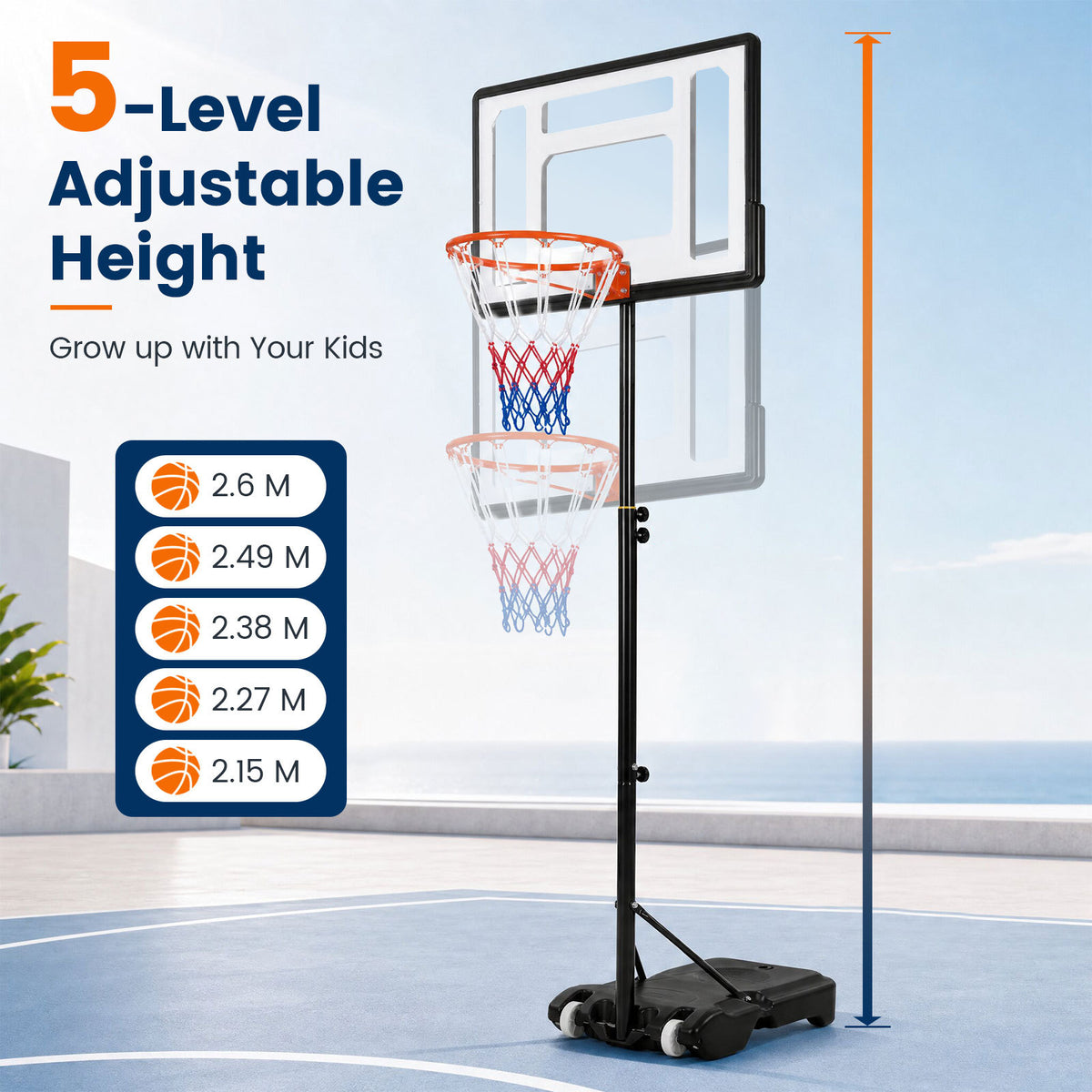 Black Height Adjustable Basketball Hoop | 5 Levels 215-260cm