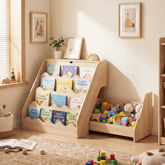 Costway 2-In-1 Kids Bookshelf and Toy Storage Organizer with Cart and Bookcase-Natural