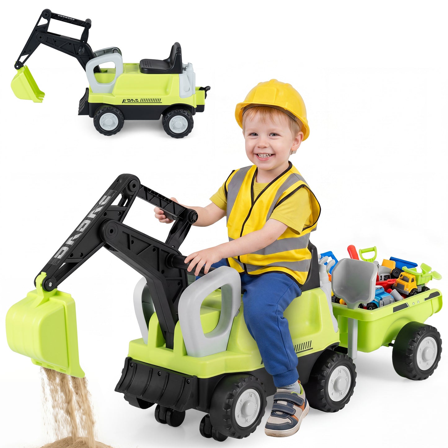 Green 2-In-1 Kids Ride On Tractor | Digging Arm & Trailer