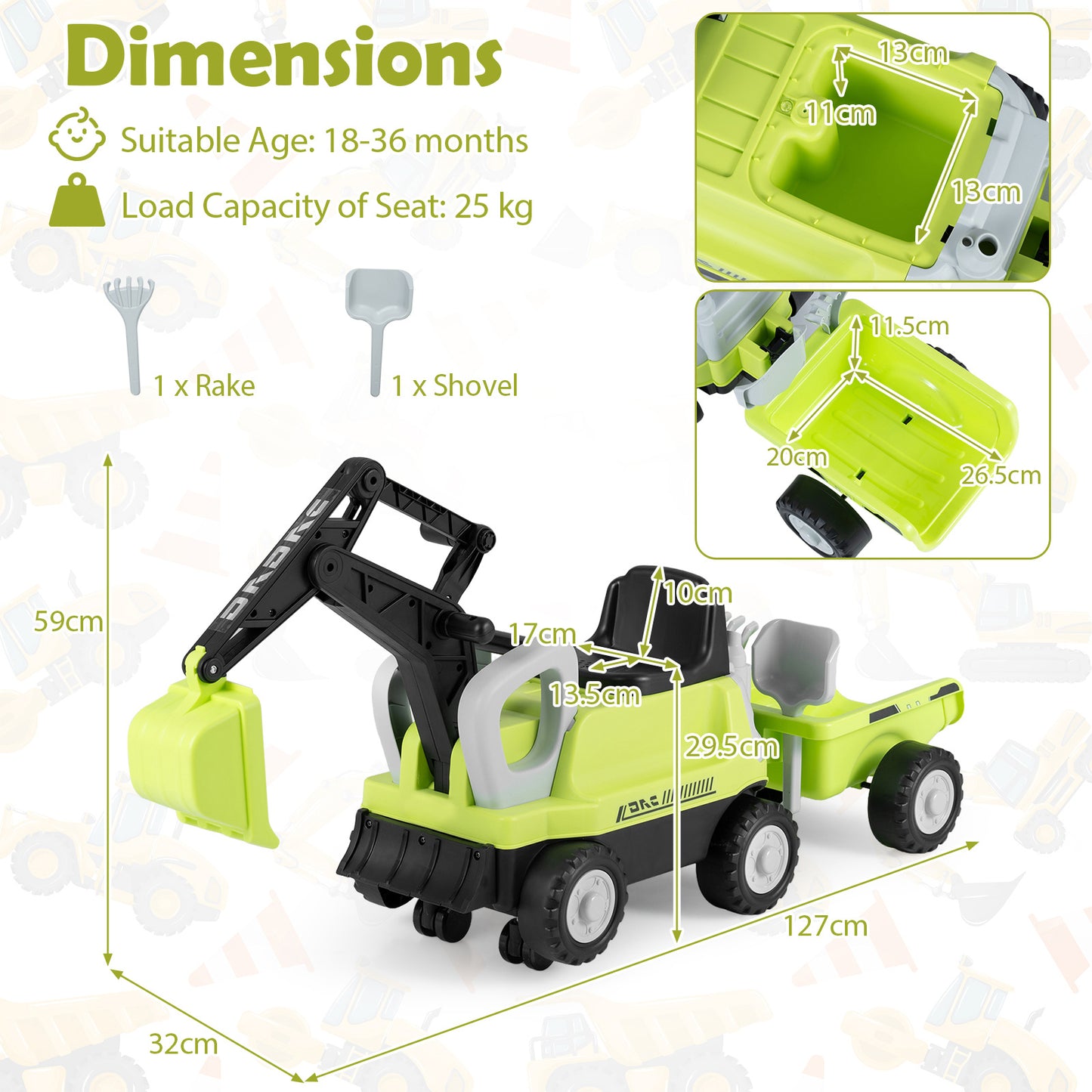 Green 2-In-1 Kids Ride On Tractor | Digging Arm & Trailer