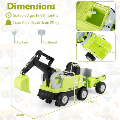 Green 2-In-1 Kids Ride On Tractor | Digging Arm & Trailer