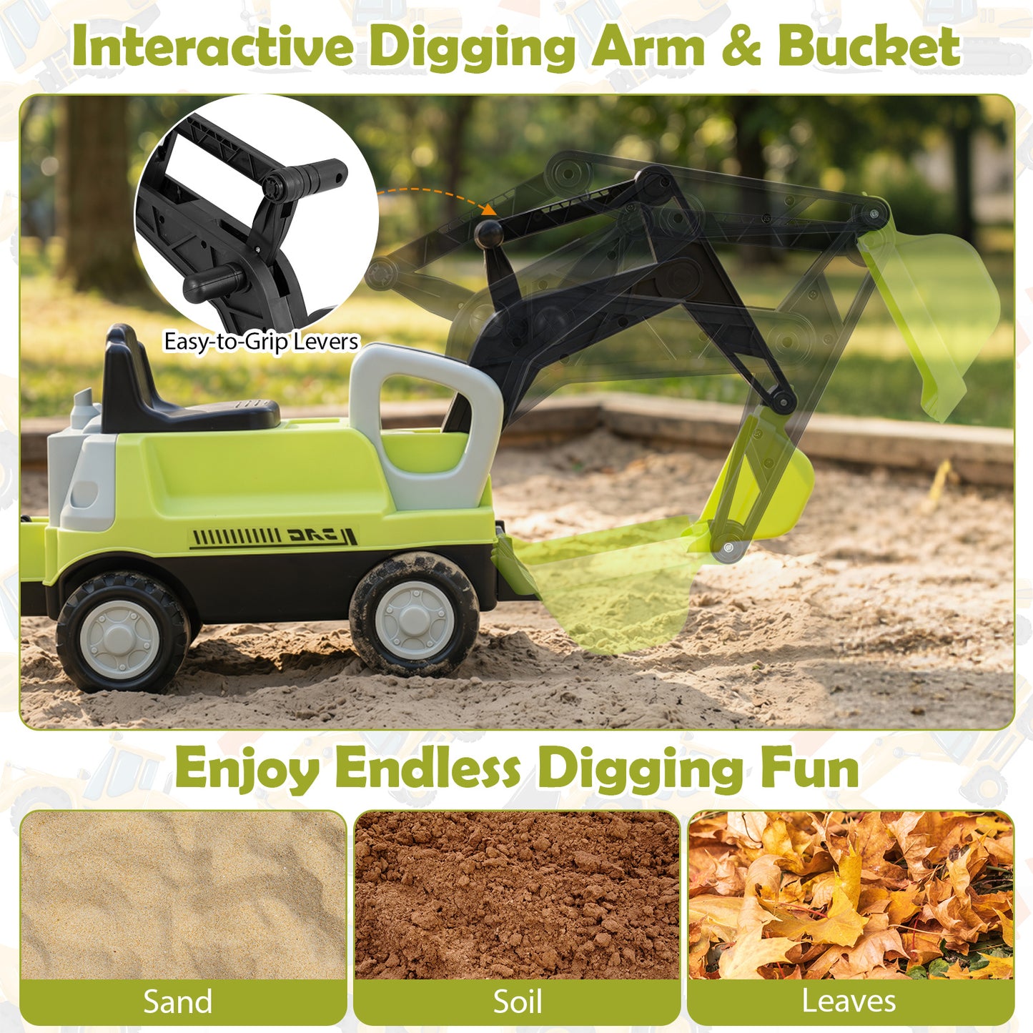 Green 2-In-1 Kids Ride On Tractor | Digging Arm & Trailer