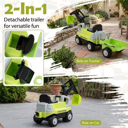 Green 2-In-1 Kids Ride On Tractor | Digging Arm & Trailer