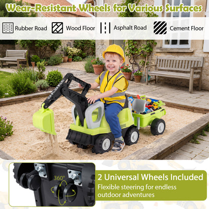 Green 2-In-1 Kids Ride On Tractor | Digging Arm & Trailer