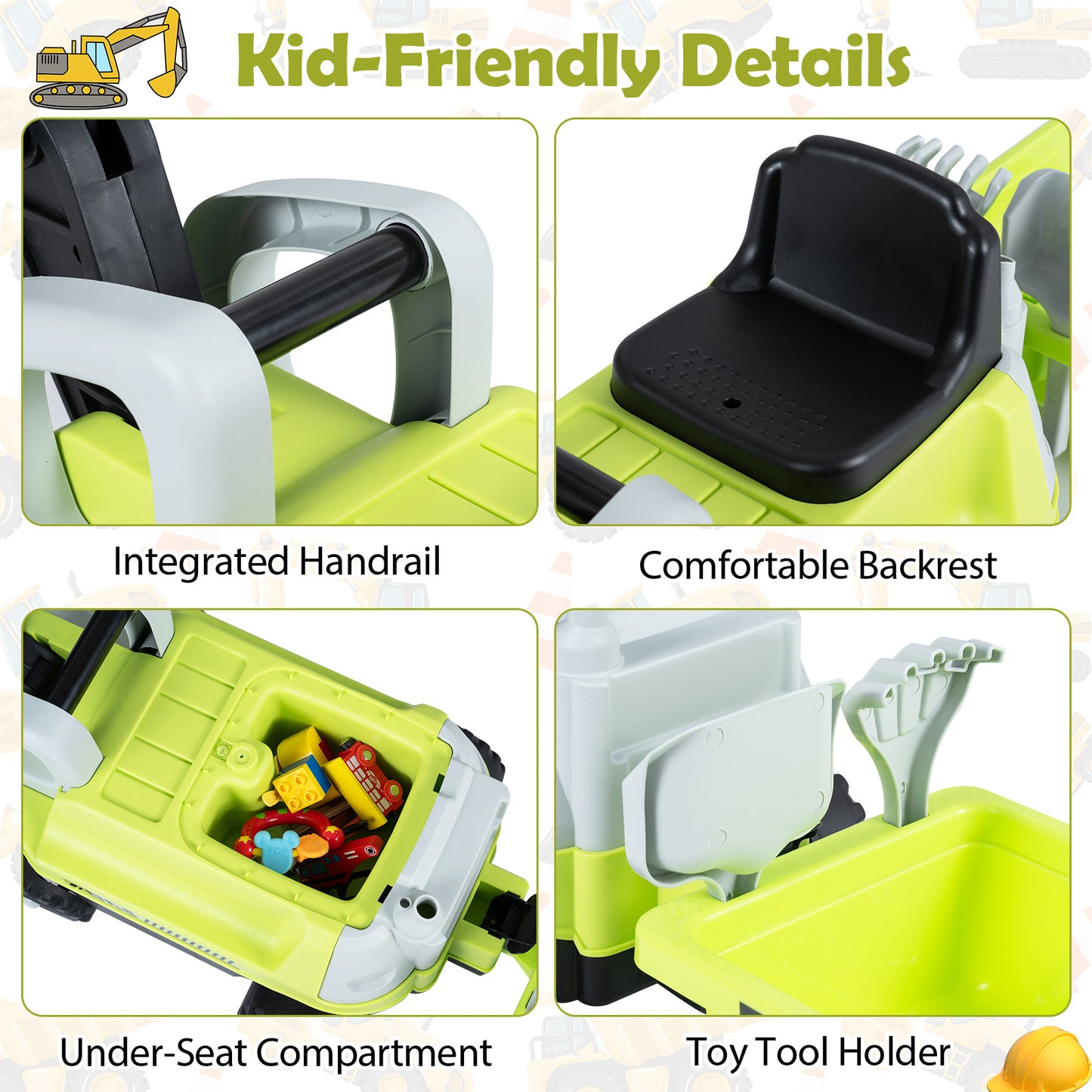 Green 2-In-1 Kids Ride On Tractor | Digging Arm & Trailer