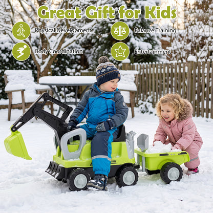 Green 2-In-1 Kids Ride On Tractor | Digging Arm & Trailer