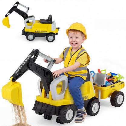 Yellow 2-In-1 Kids Ride On Tractor | Digging Arm & Trailer