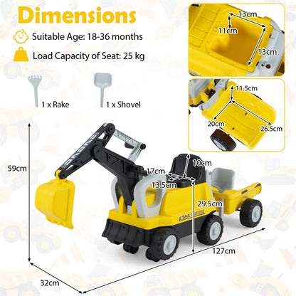 Yellow 2-In-1 Kids Ride On Tractor | Digging Arm & Trailer
