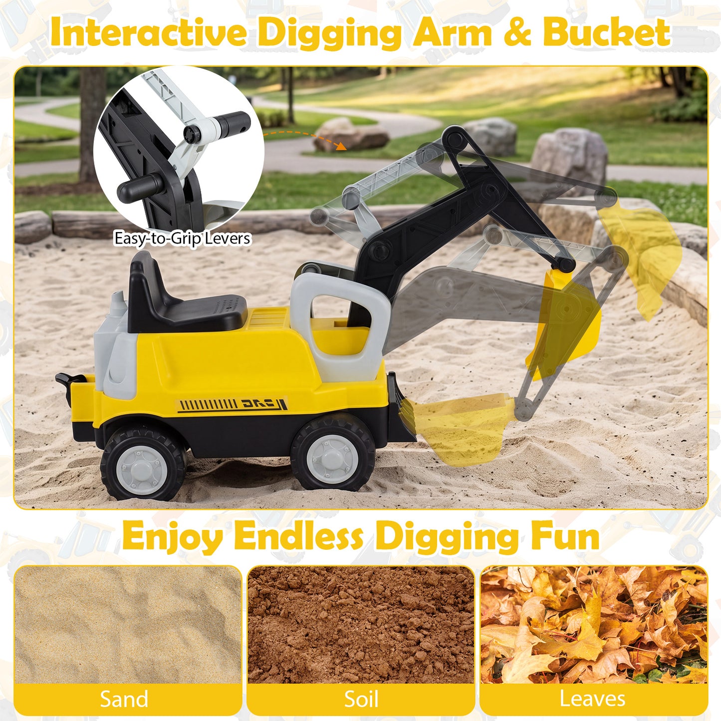 Yellow 2-In-1 Kids Ride On Tractor | Digging Arm & Trailer