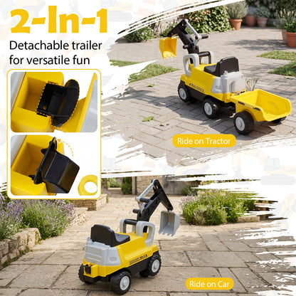 Yellow 2-In-1 Kids Ride On Tractor | Digging Arm & Trailer