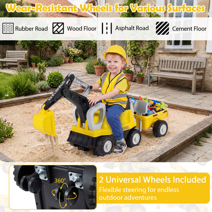 Yellow 2-In-1 Kids Ride On Tractor | Digging Arm & Trailer