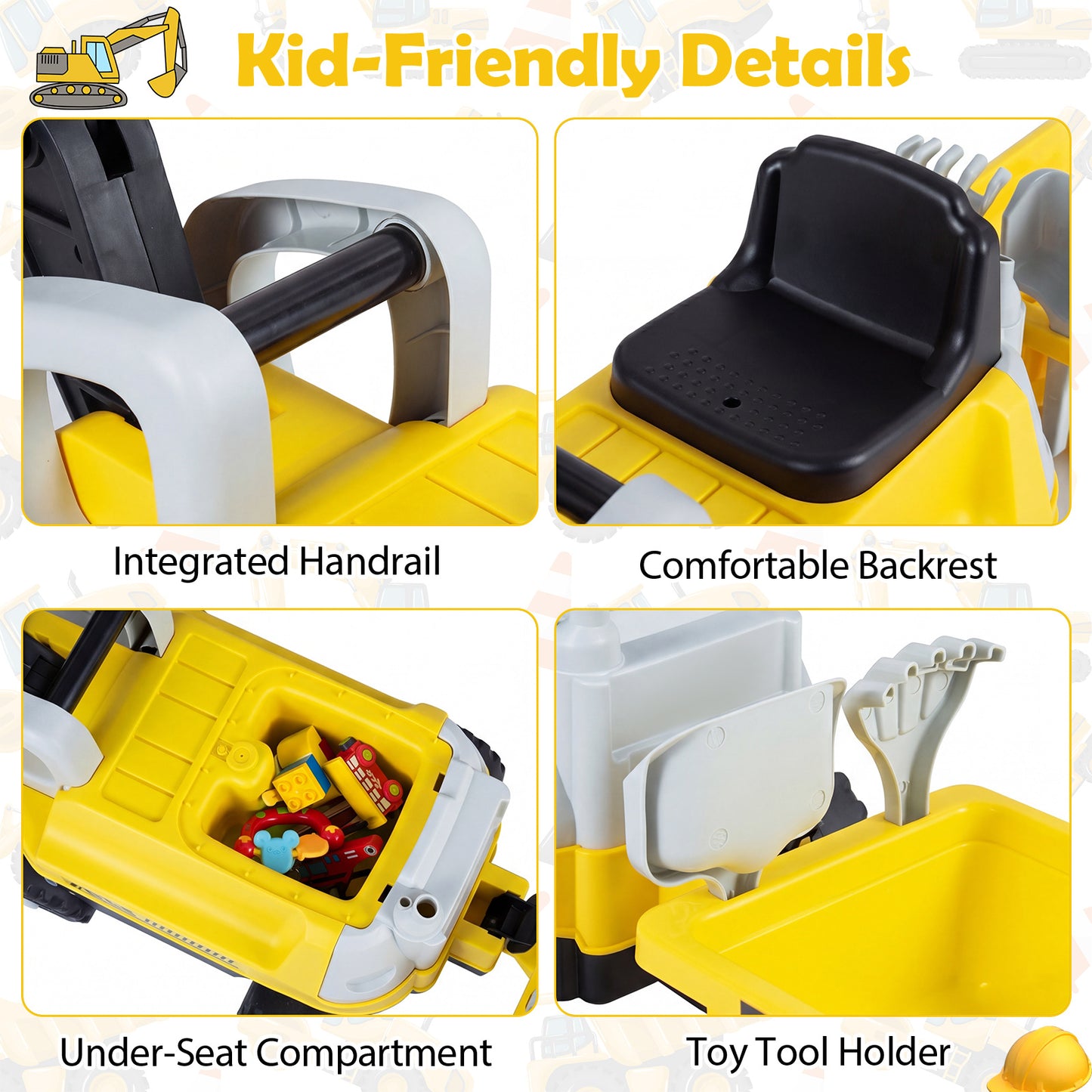 Yellow 2-In-1 Kids Ride On Tractor | Digging Arm & Trailer