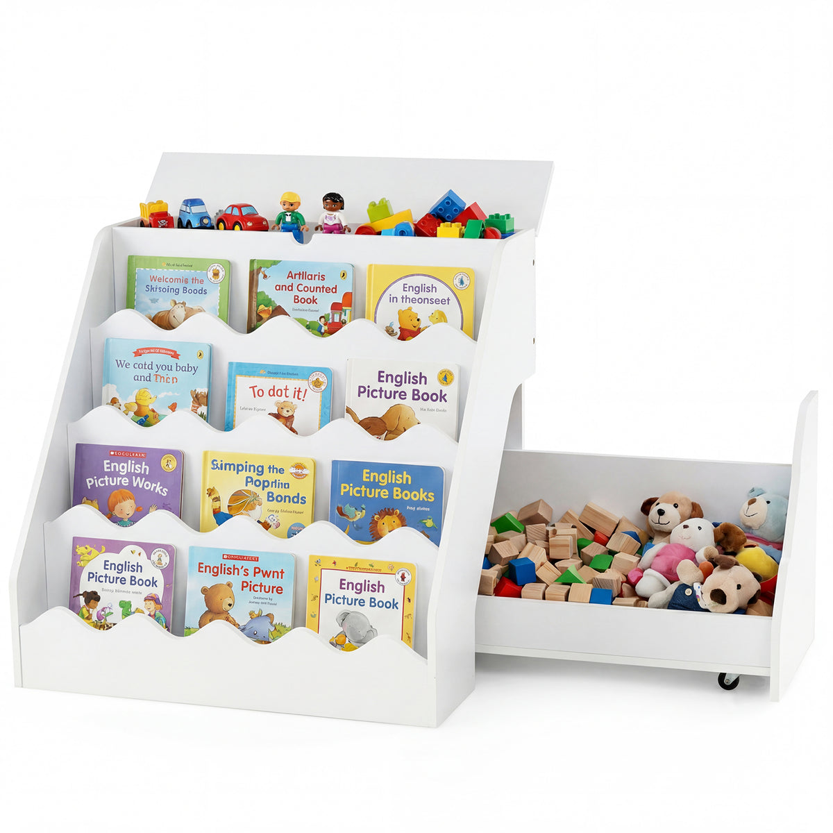 White 2 In 1 Kids Bookshelf & Toy Storage Organizer with Cart