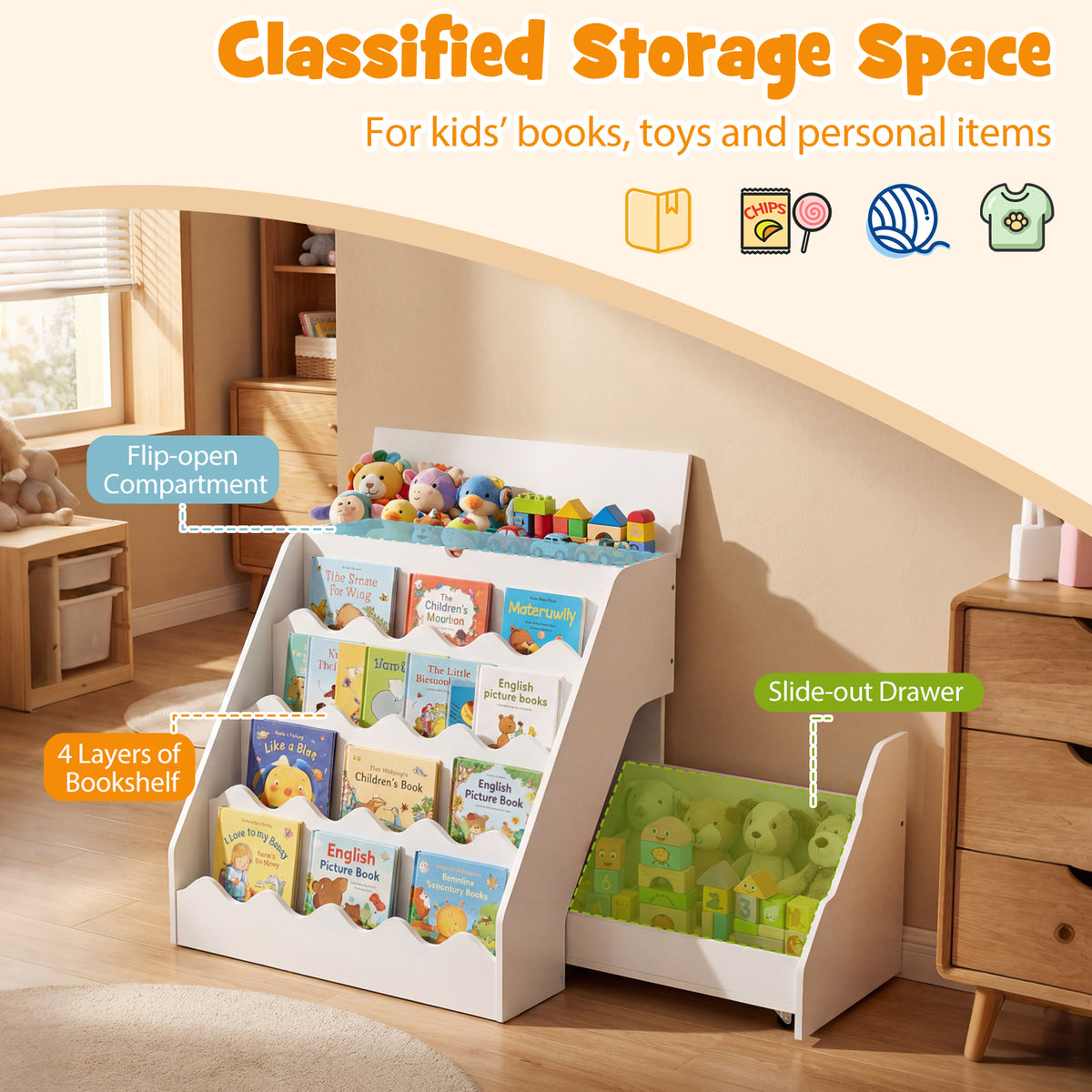 White 2 In 1 Kids Bookshelf & Toy Storage Organizer with Cart
