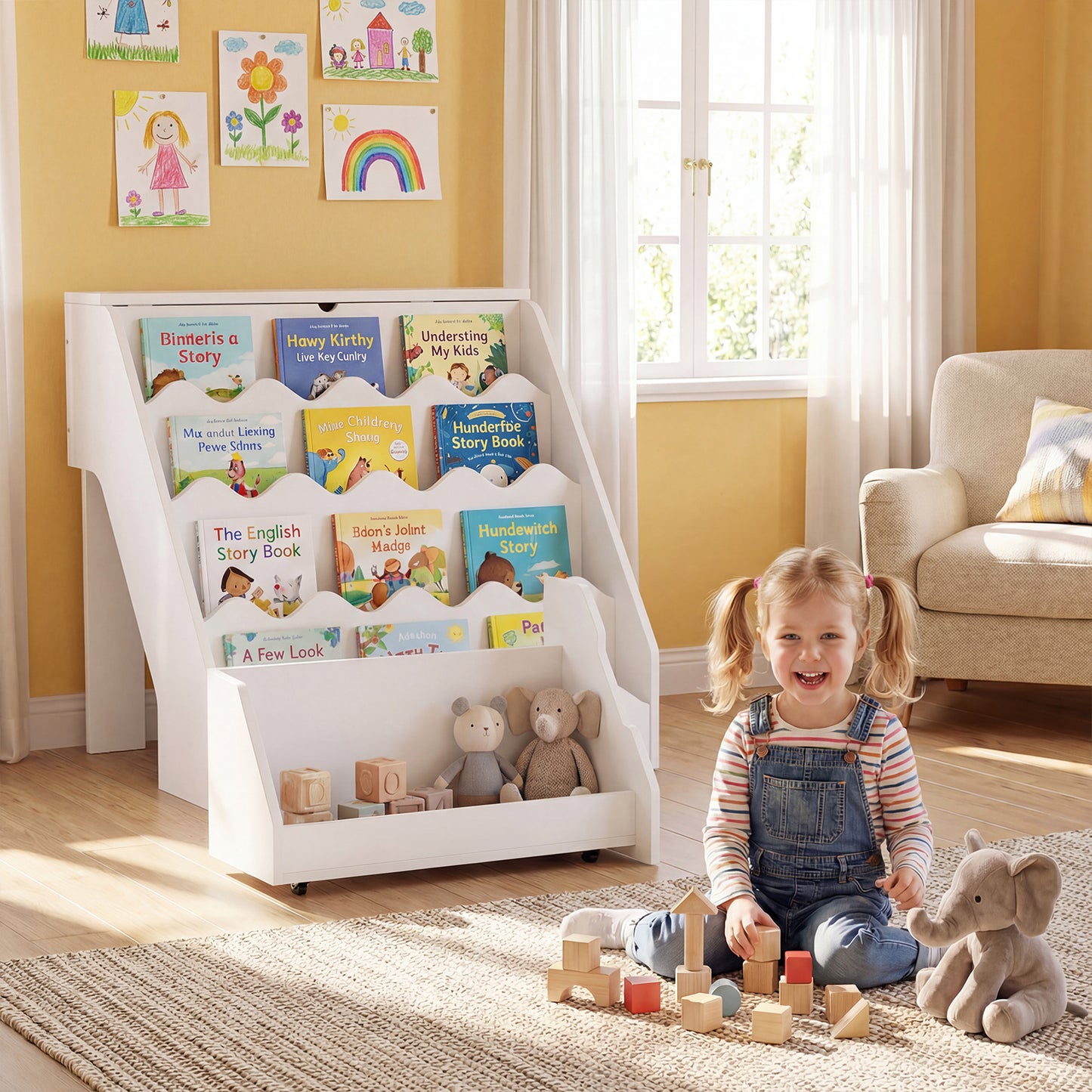 White 2 In 1 Kids Bookshelf & Toy Storage Organizer with Cart