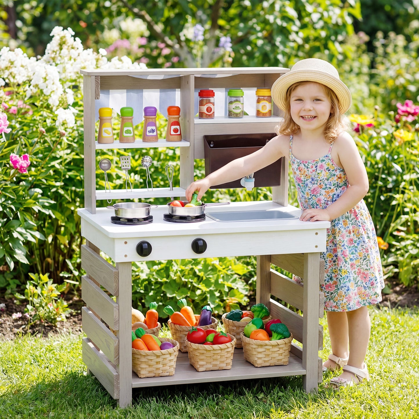 2 In 1 Wooden Mud Kitchen Double-Sided Kids Playset | Grey