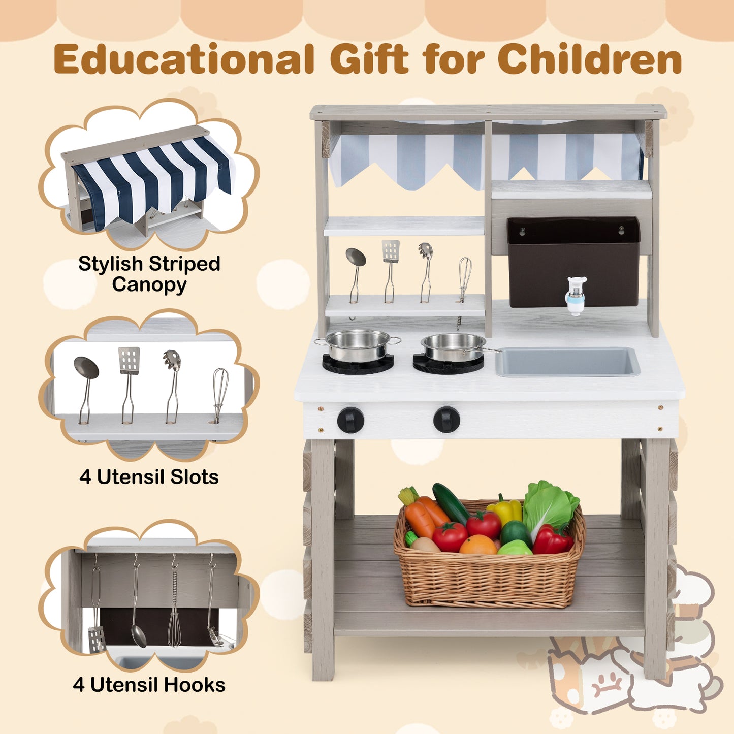 2 In 1 Wooden Mud Kitchen Double-Sided Kids Playset | Grey