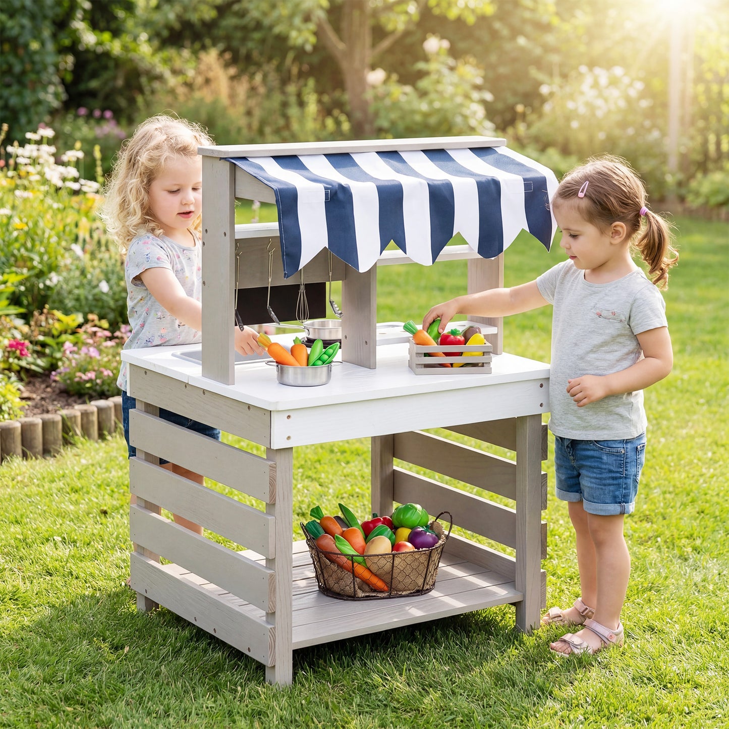 2 In 1 Wooden Mud Kitchen Double-Sided Kids Playset | Grey