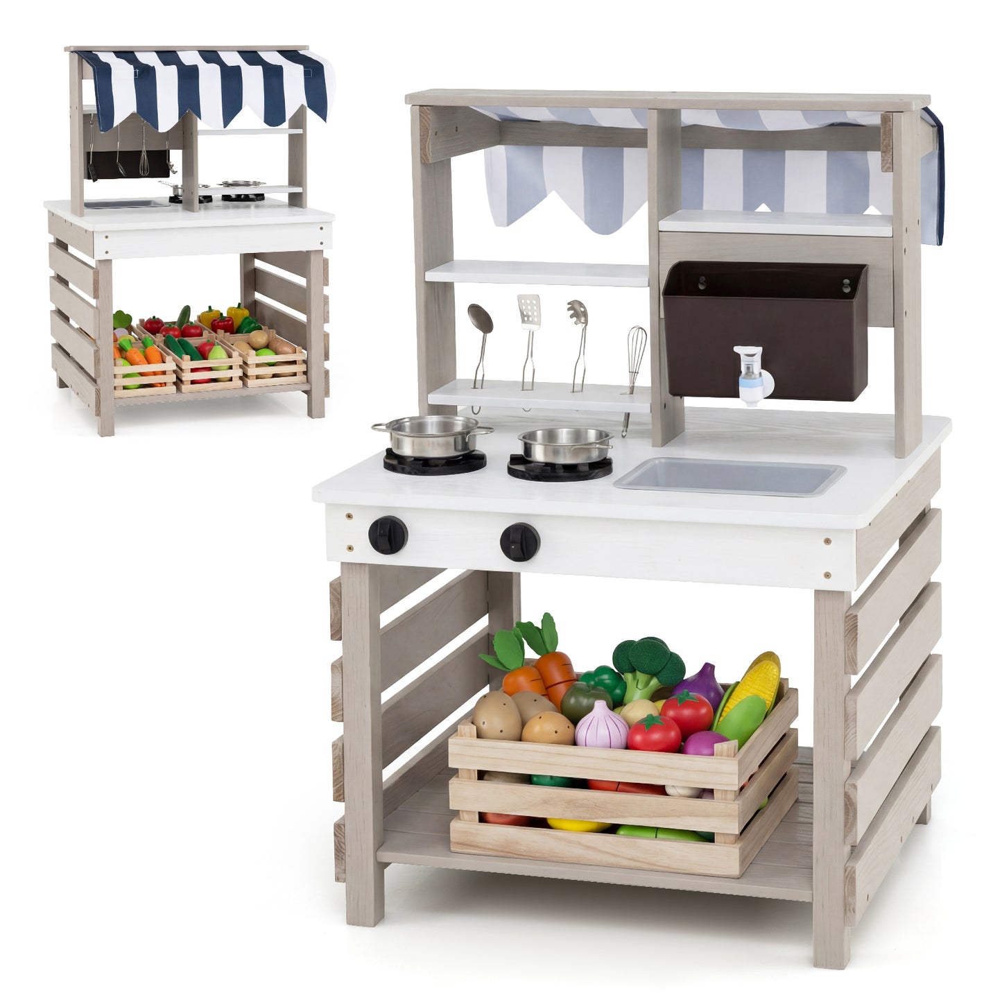 2 In 1 Wooden Mud Kitchen Double-Sided Kids Playset | Grey