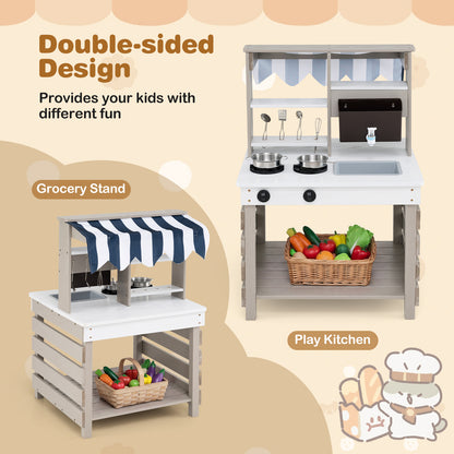 2 In 1 Wooden Mud Kitchen Double-Sided Kids Playset | Grey