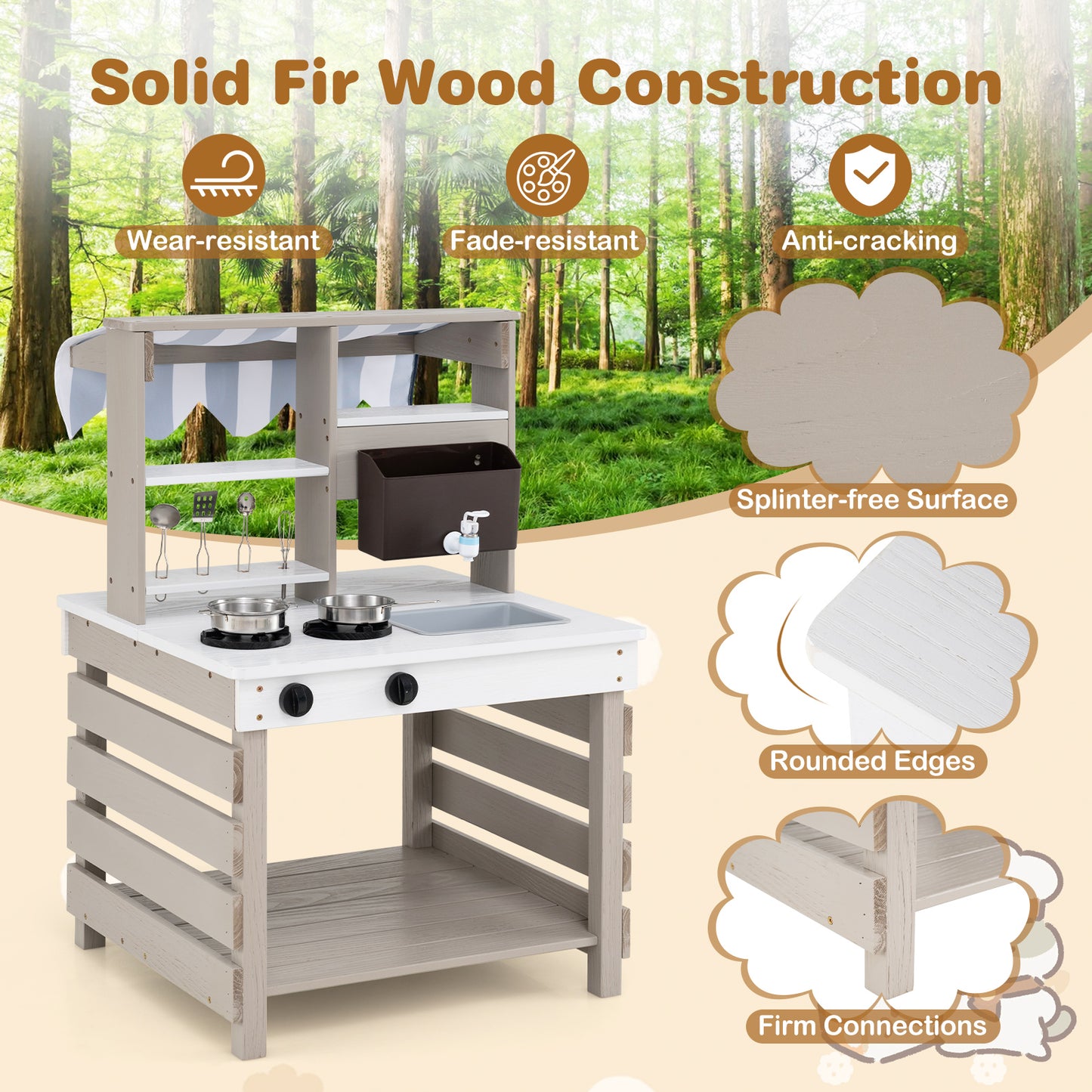 2 In 1 Wooden Mud Kitchen Double-Sided Kids Playset | Grey