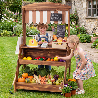 Costway 2-in-1 Wooden Mud Kitchen and Market Stand with 25 Accessories-Brown
