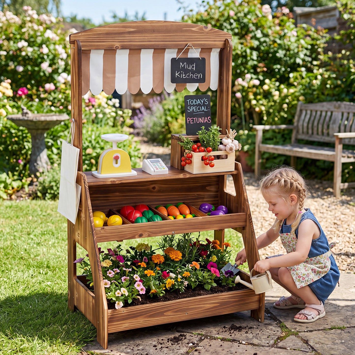 Brown 2 In 1 Wooden Mud Kitchen & Market Stand | 25 Accessories