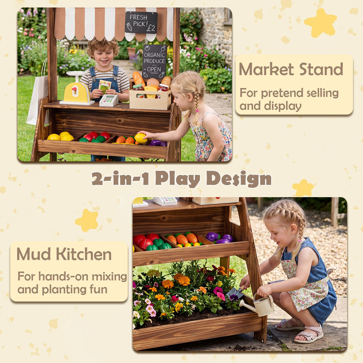 Brown 2 In 1 Wooden Mud Kitchen & Market Stand | 25 Accessories
