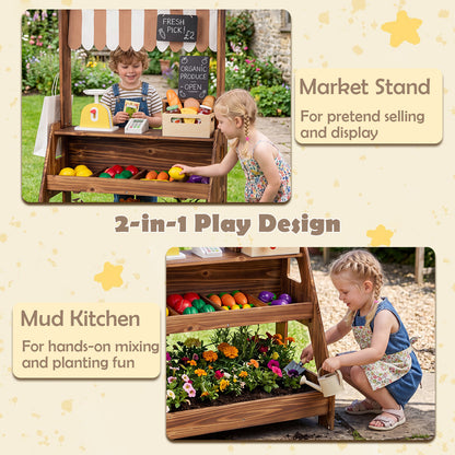 Brown 2 In 1 Wooden Mud Kitchen & Market Stand | 25 Accessories