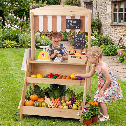 Costway 2-in-1 Wooden Mud Kitchen and Market Stand with 25 Accessories-Natural