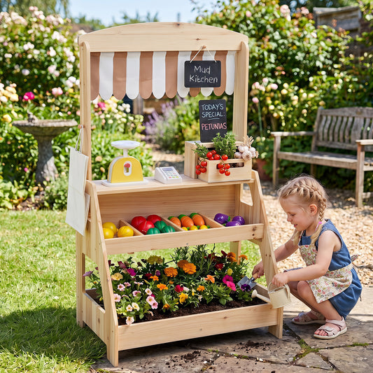 2 In 1 Natural Wood Mud Kitchen & Market Stand | 25 Accessories