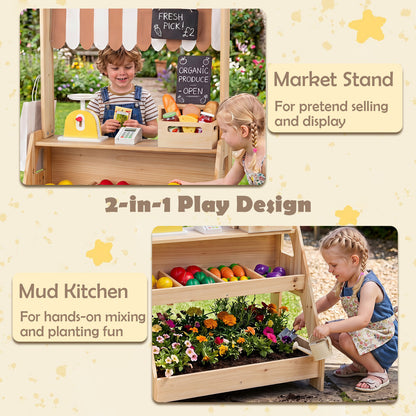 2 In 1 Natural Wood Mud Kitchen & Market Stand | 25 Accessories