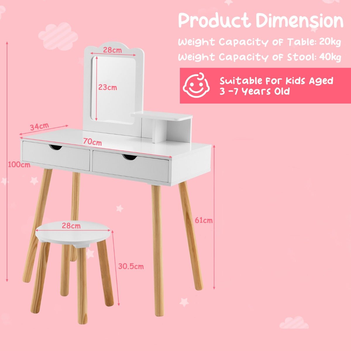 Kids vanity set and desk with mirror and storage for creative play and organization.