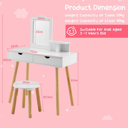 Kids vanity set and desk with mirror and storage for creative play and organization.