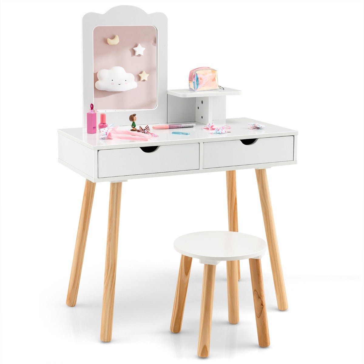 2-in-1 Kids' Vanity Set with 1 Rectangular Mirror & 2 Large Drawers - Kids Mega Mart
