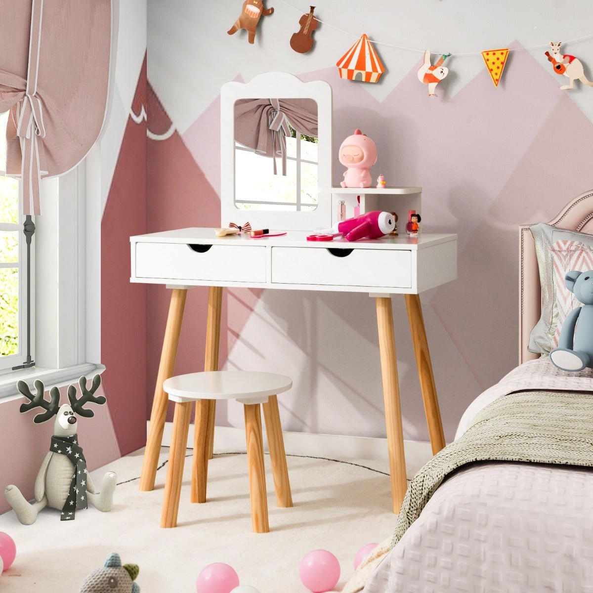 Kids 2-in-1 Vanity Set and Desk | Mirror, Storage, versatile design for fun and study at home.