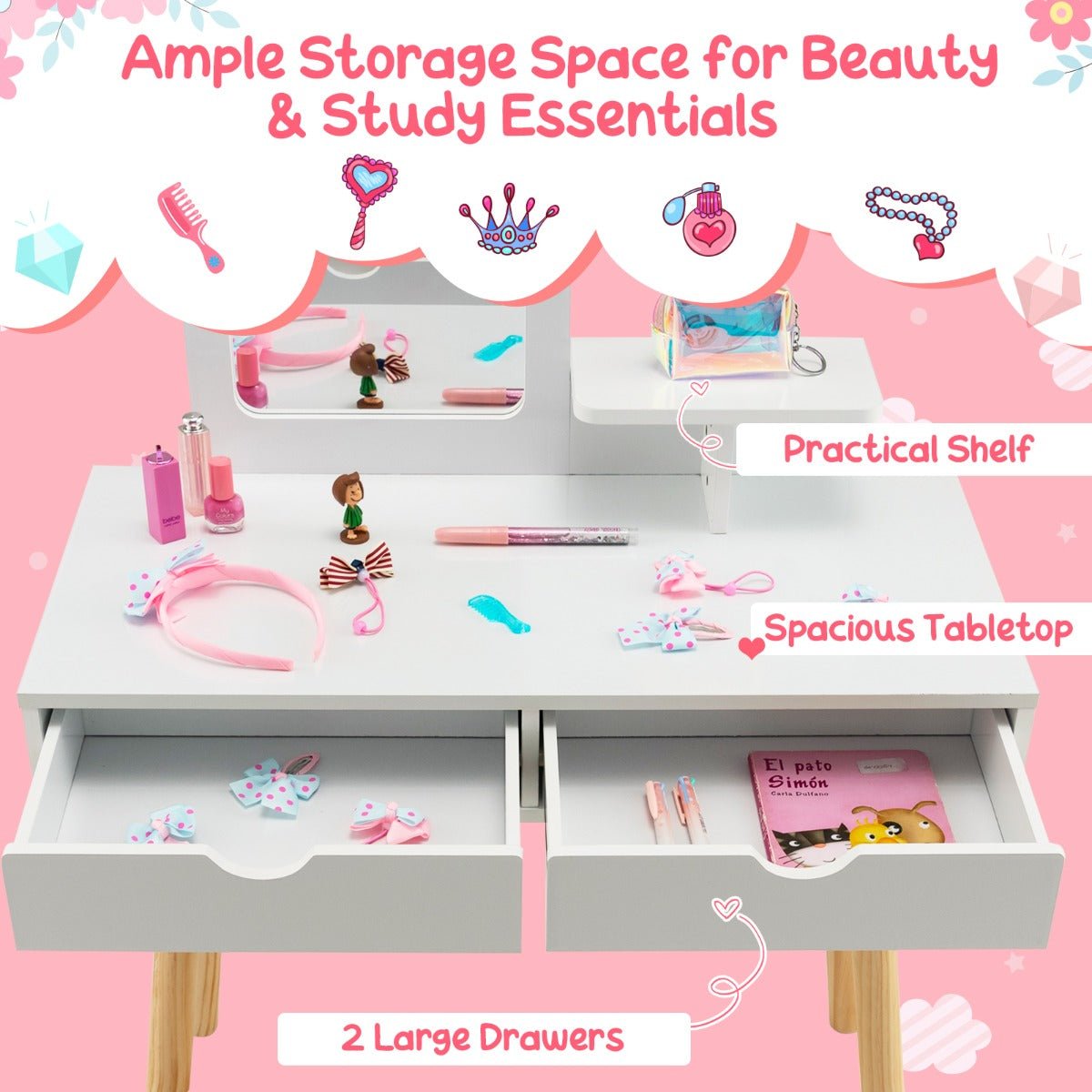 Kids 2-in-1 Vanity Set and Desk with Mirror and Storage, perfect for imaginative play and organization.