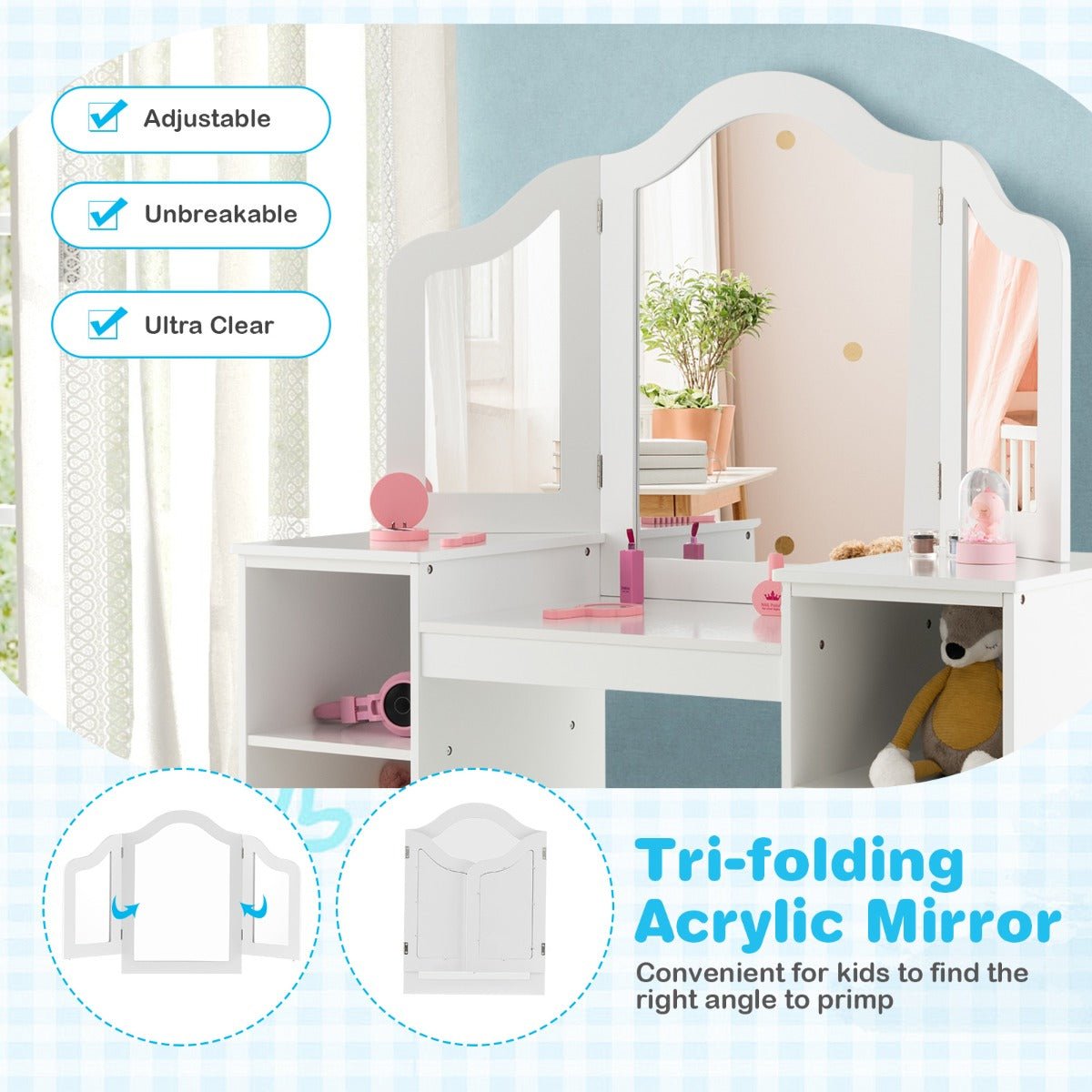 Kids vanity table and chair set with mirror, ideal for imaginative play and grooming.