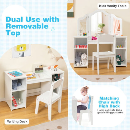 Kids vanity set with mirror and chair designed for imaginative play and grooming fun.