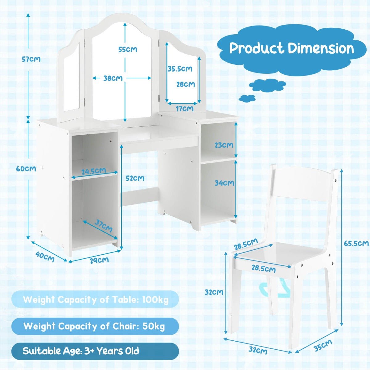 Kids vanity table set with mirror for girls, ideal for imaginative play and grooming.